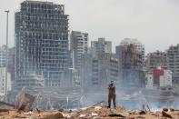 FILE PHOTO: A soldier stands at the devastated site of the explosion at the port of Beirut