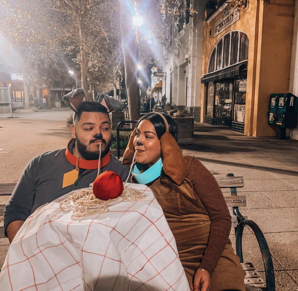 Disney fan Christina and her partner dress as Lady and the Tramp for Halloween.