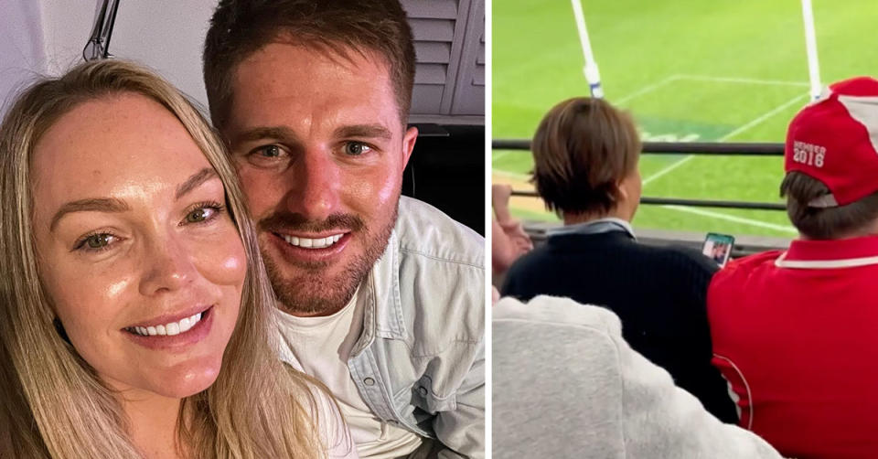 L: MAFS stars Bryce Ruthven and Melissa Rawson smiling at the camera. R: Two people in the crowd at a Sydney Swans game