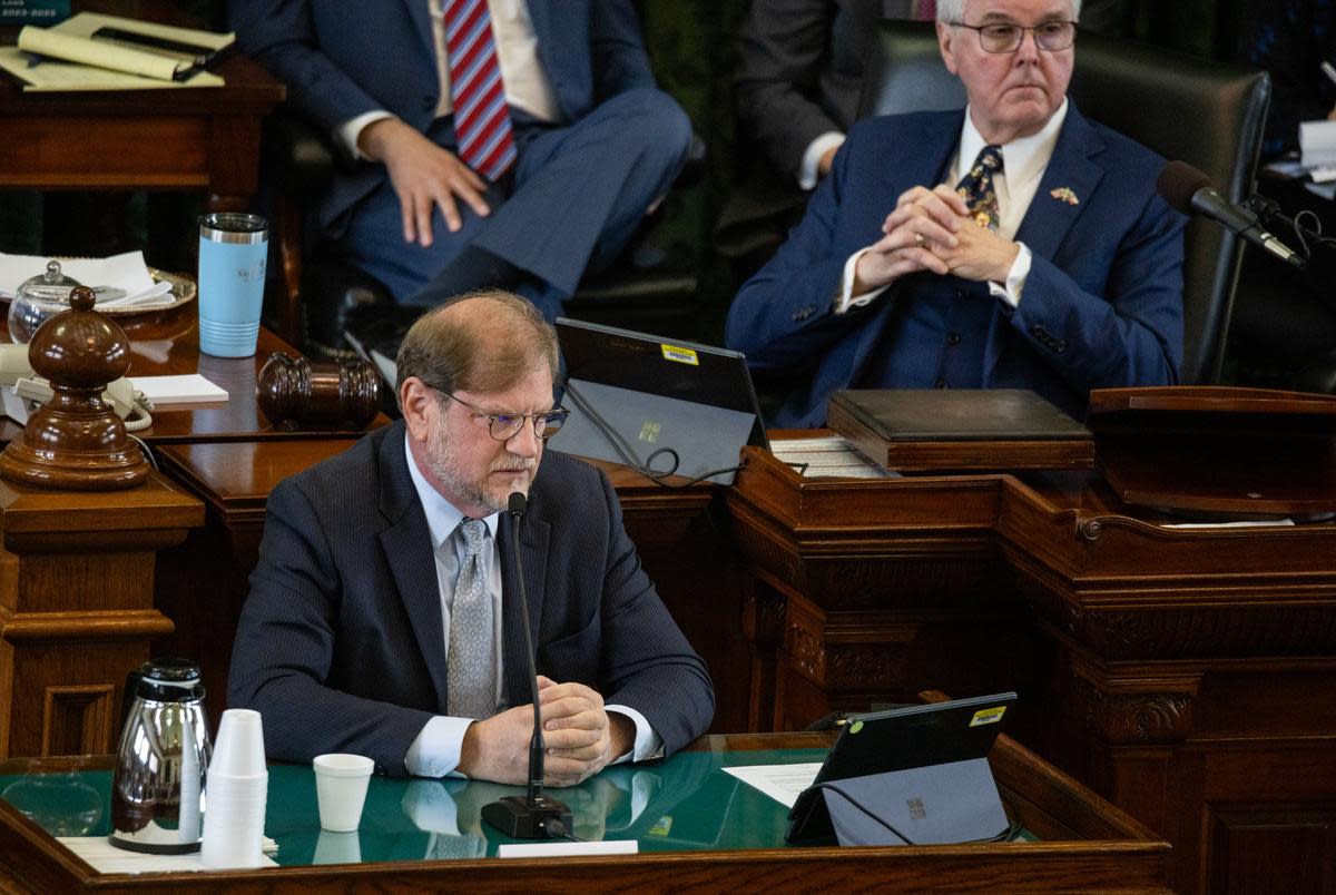 Darren McCarty, whistleblower and former Deputy Attorney General for Civil Litigation under Ken Paxton, testifies and answers questions from Dick DeGuerin, a lead prosecutor for the House’s impeachment team, during the sixth day of Paxton’s impeachment trial on Sept. 12, 2023.