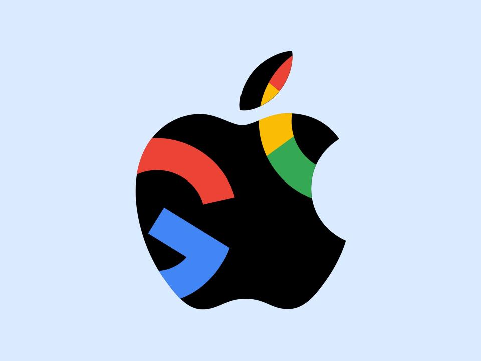 An Apple logo with two Google logos inside it.