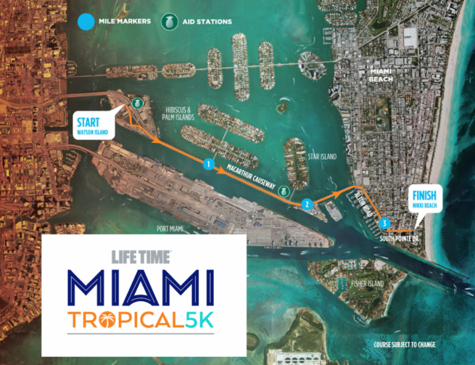 Mapa de la 21ª edición anual del Life Time Miami Marathon and Half Marathon Miami Beach, que se celebrará en Miami Beach el domingo 29 de enero de 2023. Los corredores llegarán desde el centro de Miami por el viaducto MacArthur hasta South Beach y saldrán de Miami Beach por el viaducto Venetian.