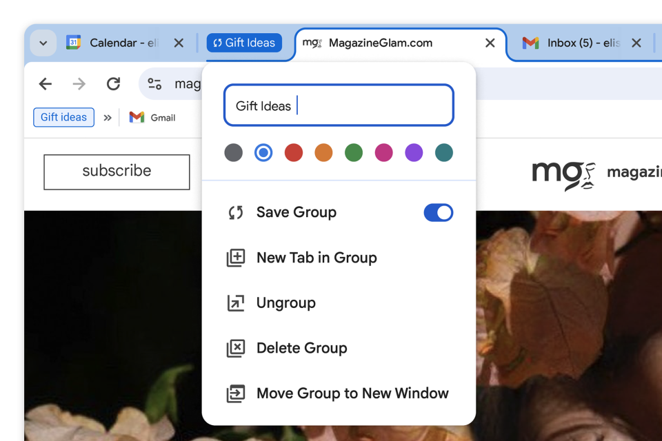 Screenshot from an upcoming version of Chrome with saved tab groups. Several tabs are open, and the user is saving them under the name 