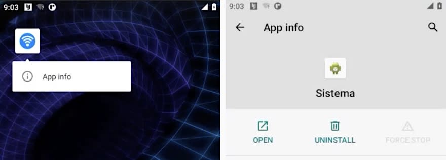 This "WiFi" app icon, when tapped, will actually show as an app called "Sistema," designed to look like an Android system app, but is actually WebDetetive spyware.