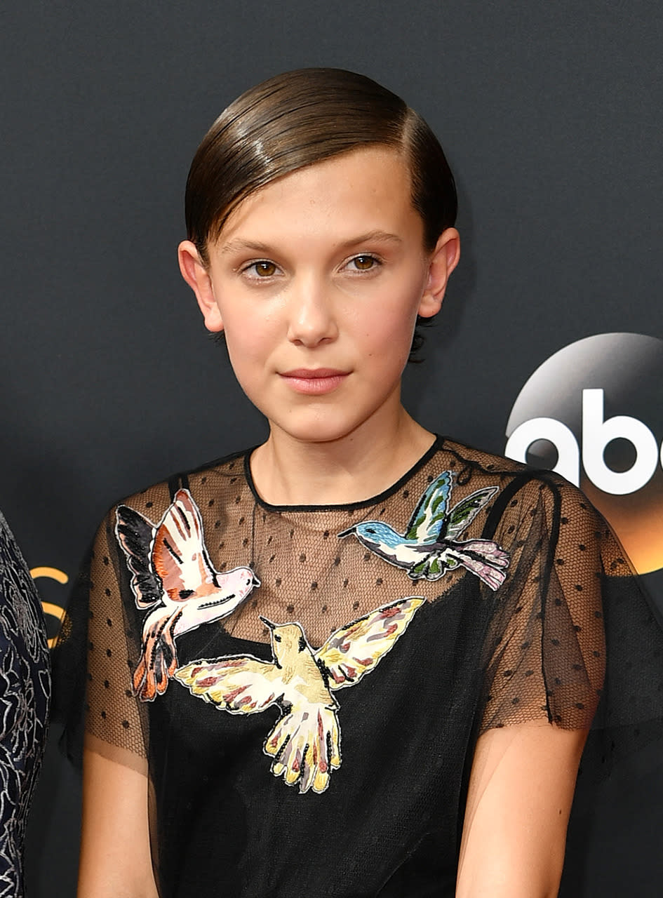 <p><b>Millie Brown</b></p><p>The 12-year-old <i>Stranger Things </i>star is still growing out her hair, and this is a much better option than that blonde wig. (Photo: Rex Features)<br></p>