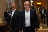 Major League Baseball Commissioner Rob Manfred leaves a meeting of MLB owners, Thursday, Feb. 9, 2023, in Palm Beach, Fla. (AP Photo/Lynne Sladky)