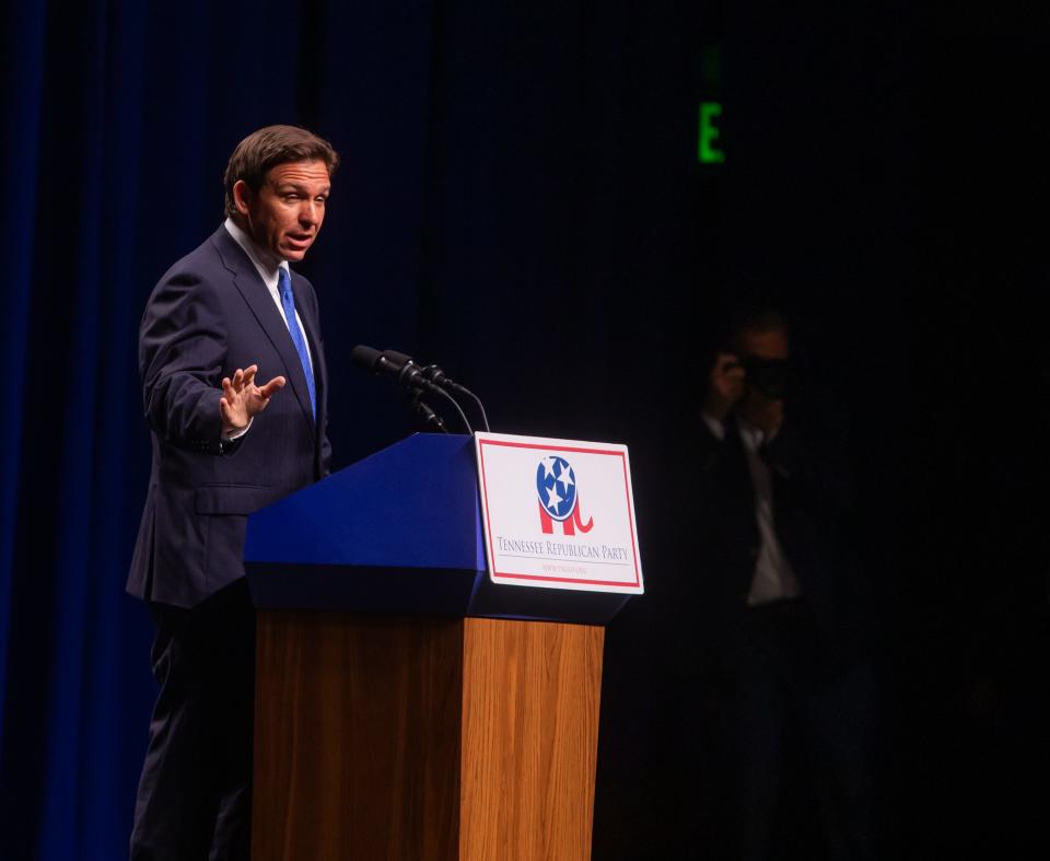 Florida Governor Ron DeSantis speaks at the Tennessee Republican Party’s Statesmen's Dinner on Saturday, July 15, 2023 at Music City Center.