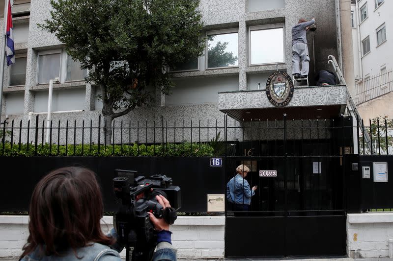 Aftermath of overnight petrol bomb attack on Cuban embassy building in Paris