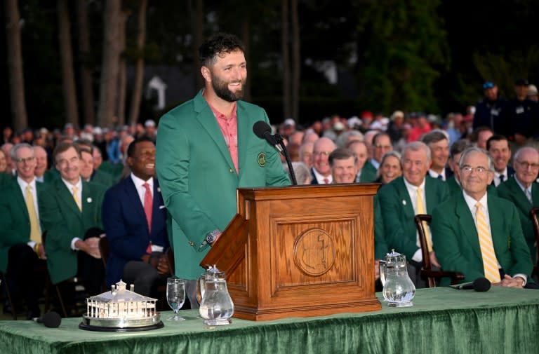 Jon Rahm of Spain speaks during the Green Jacket Ceremony after winning the 2023 Masters Tournament at Augusta National Golf Club on April 09, 2023. (ROSS KINNAIRD)