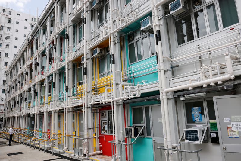 Government's newly-built four-story "module homes" building made from pre-fabricated parts are seen at Shek Kip Mei, in Hong Kong