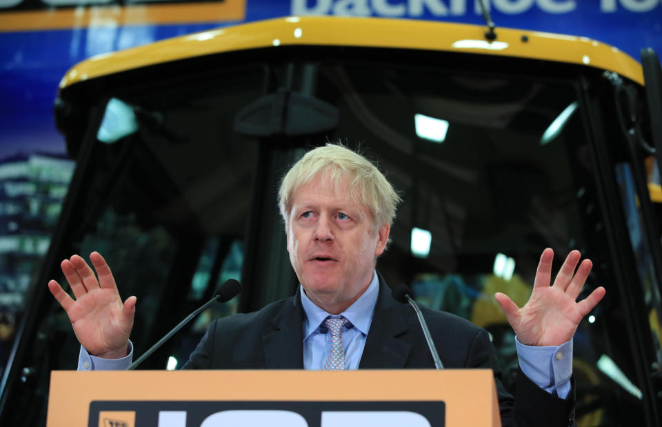 Boris Johnson speaking at the headquarters of JCB in Rocester, Staffordshire.