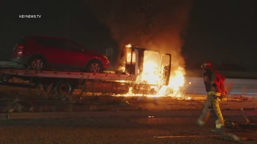Tow truck catches fire on freeway in Baldwin Park 