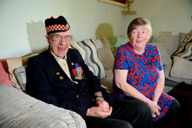 Former soldier Geordie and wife Betty Rhodick, from Lochgilphead, Argyllshire, Scotland, June 9, 2015, celebrating winning Â£1m on the lottery after wife Betty found the winning ticket in the bin. See SWNS story SWLOTTO; A couple have become millionaires after rescuing a winning lottery ticket - from a BIN. Former soldier Geordie Rhodick, 71, threw his Euromillions ticket in the waste after a quick check of his numbers revealed he had won nothing in the main draw. But his wife Betty, 63, fished it out and took it to their local shop - to be told they had struck it lucky in the Millionaire Maker raffle. After discovering he had landed a seven-figure windfall, the army veteran had no thoughts of immediately spending his fortune.