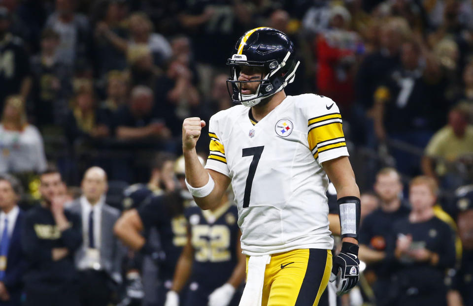 Pittsburgh Steelers quarterback Ben Roethlisberger (7) reacts after a touchdown pass in the first half of an NFL football game against the Pittsburgh Steelers in New Orleans, Sunday, Dec. 23, 2018. (AP Photo/Butch Dill)