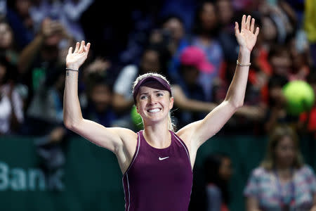 Tennis - WTA Tour Finals - Singapore Indoor Stadium, Kallang, Singapore - October 27, 2018 Ukraine's Elina Svitolina celebrates after winning her semi final match againast Netherlands' Kiki Bertens REUTERS/Edgar Su