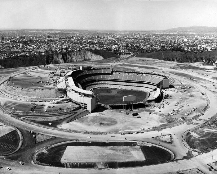 1962 staff file photo from a helicopter of Dodger Stadium. For Steve Hymon local gov column for Monday 4/23/07.