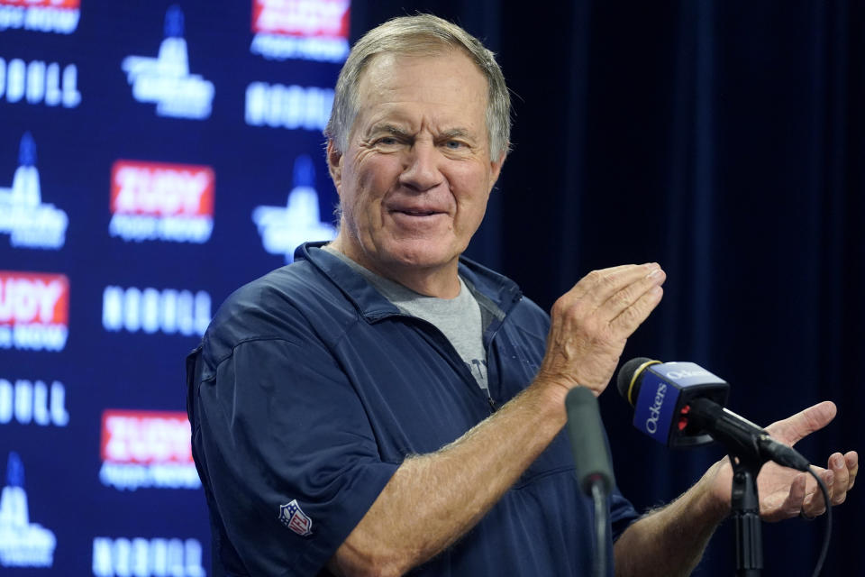 New England Patriots head coach Bill Belichick faces reporters Monday, Aug. 29, 2022, at the NFL football team's stadium in Foxborough, Mass. (AP Photo/Steven Senne)