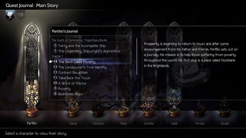 A menu in Octopath Traveler II is shown with options to rewatch scenes from Partitio's story from the journal.