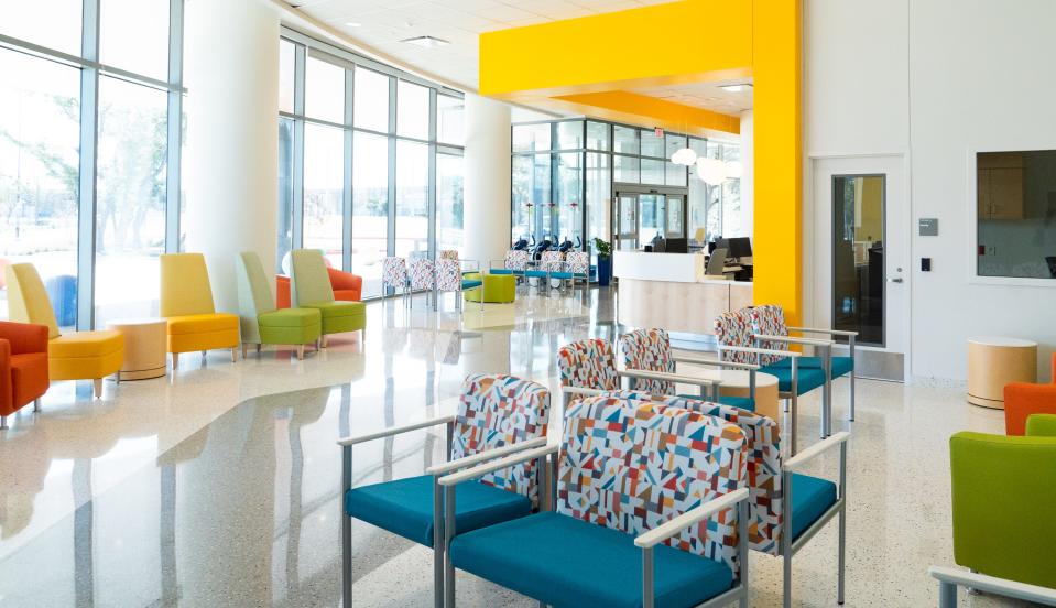 The lobby of the emergency room at the new Texas Children's Hospital in Cedar Park features large windows, fun seating and bright colors to make children feel more comfortable, Jan. 31, 2024. Upon opening, the hospital will seek a level II Emergency Center designation.
