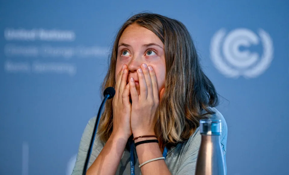 Swedish climate activist Greta Thunberg takes part in a press conference at the UNFCCC SB58 Bonn Climate Change Conference on June 13 in Bonn, Germany. The conference lays the groundwork for the adoption of decisions at the upcoming COP28 climate conference in Dubai in December.