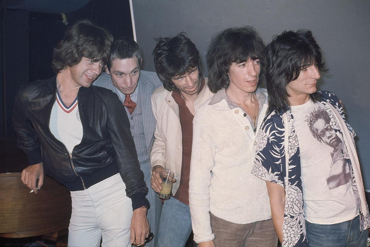 The Rolling Stones at Trax Club in New York City, N.Y., Sept. 23, 1977, to promote their new album. From left to right; Mick Jagger, Charlie Watts, Keith Richards, Bill Wyman and Ron Wood.