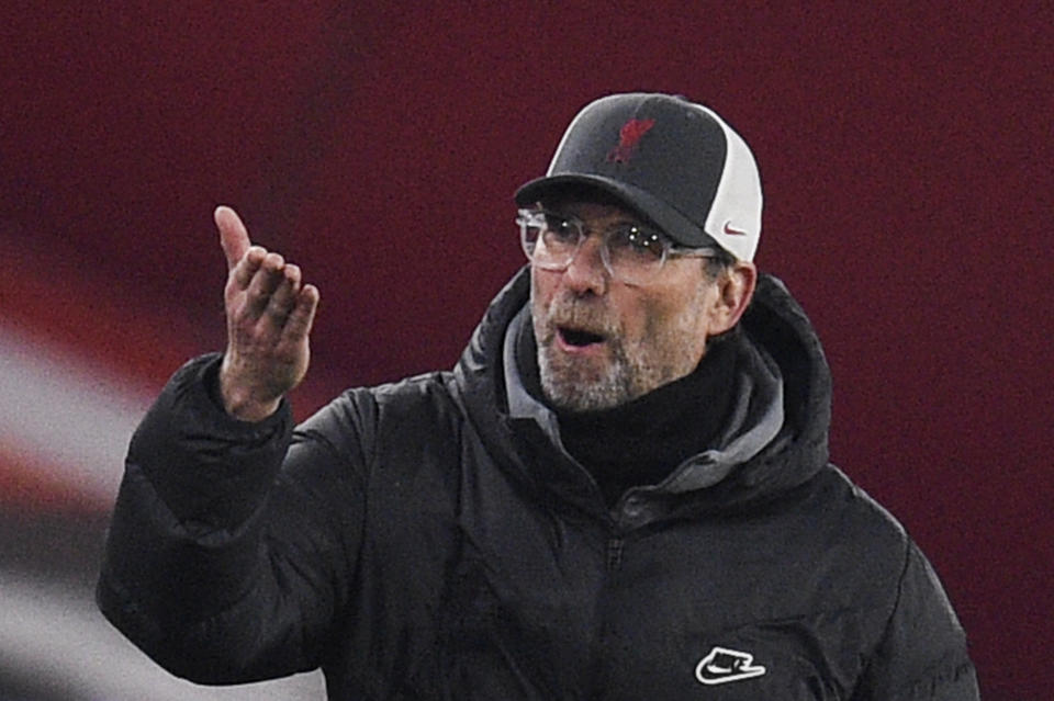 Liverpool's manager Jurgen Klopp gestures during the English Premier League soccer match between Sheffield United and Liverpool at Bramall Lane stadium in Sheffield, England, Sunday, Feb. 28, 2021. (Oli Scarff, Pool via AP)