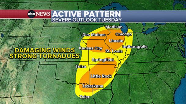 PHOTO: Tuesday’s severe weather threat includes cities like Chicago, Des Moines, Kansas City, St. Louis, and Little Rock. (ABC News)