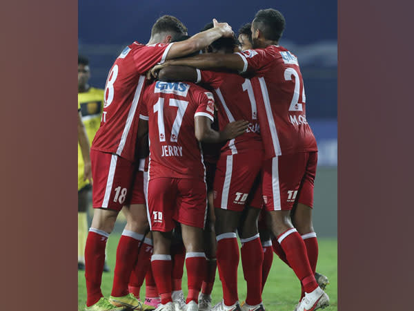 Odisha FC players celebrate their equaliser against Hyderabad (Image: ISL)