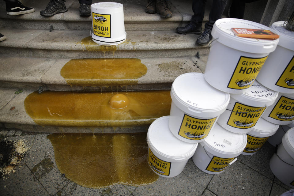 The steps of the German agriculture ministry are poured with contaminated honey during a demonstration of beekeepers against the use of Glyphosate-based herbicides in agricultural in Berlin, Germany, Wednesday, Jan. 15, 2020. (AP Photo/Markus Schreiber)