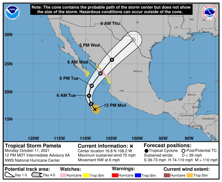 The forecast track of Pamela shows it hitting the west coast of Mexico as a hurricane on Wednesday.