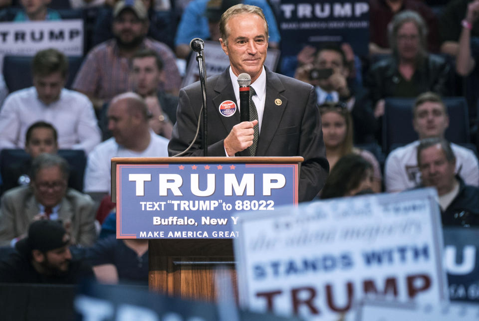 Then-Rep. Chris Collins (R-N.Y.) speaks at a campaign rally for Trump in 2016. A few years later: pardon.  (Photo: Al Drago/CQ Roll Call via Getty Images)