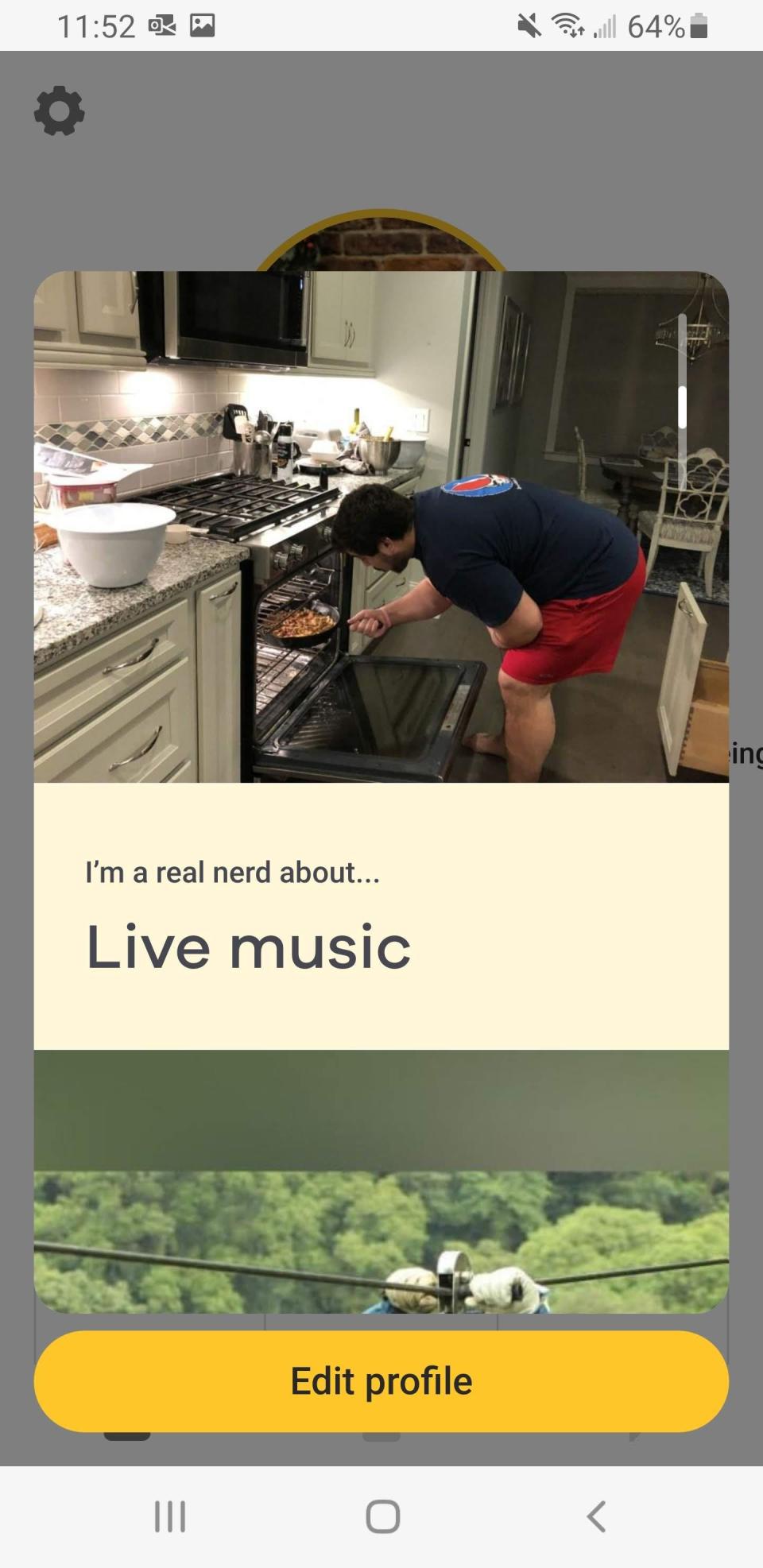 A screenshot of a man's Bumble profile shows him cooking.