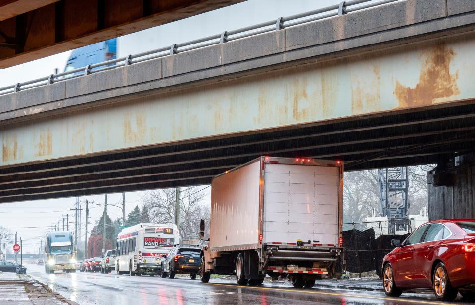 Traffic backs up along Richmond St. as drivers try to avoid Aramingo Ave. and the temporary closure of I-95 North due to an emergency overhead bridge repair in Northeast Philadelphia on Tuesday, April 2, 2024.