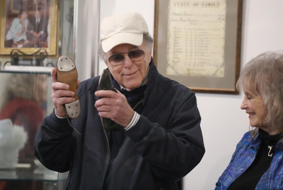 It's a Wonderful Life Bailey Kids actor Jimmy Hawkins who played Tommy, donates his childhood tap shoes to the It's a Wonderful Life Museum on the opening day of the It's a Wonderful Life Festival in Seneca Falls, NY Friday, Dec. 8, 2023.