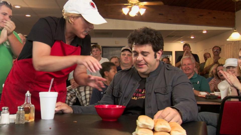 Adam Richman looking at a second bowl of Firebrand Chili