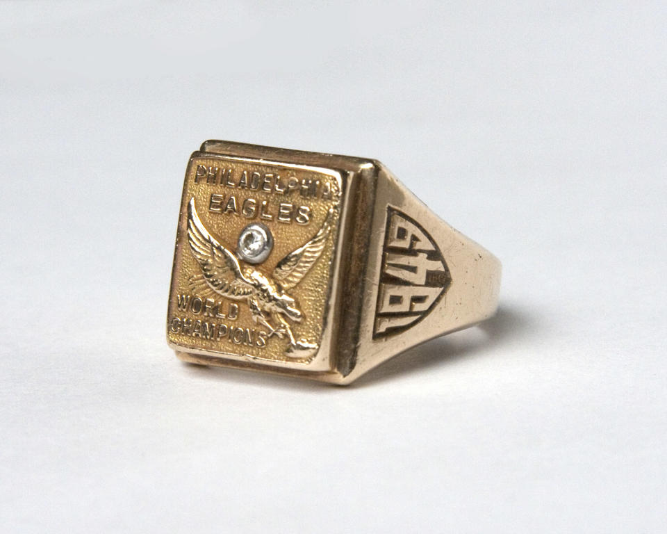 Tommy Thompson’s 1948-49 Eagles championship ring, which is on display at the Hall of Fame. (Courtesy of the Pro Football Hall of Fame)