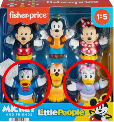 Recalled Donald Duck and Daisy Duck figures were sold in the Fisher-Price Little People Mickey and Friends figure pack: Model HPJ88/ Model HTW75 (Photo Courtesy: U.S. Consumer Product Safety Commission)