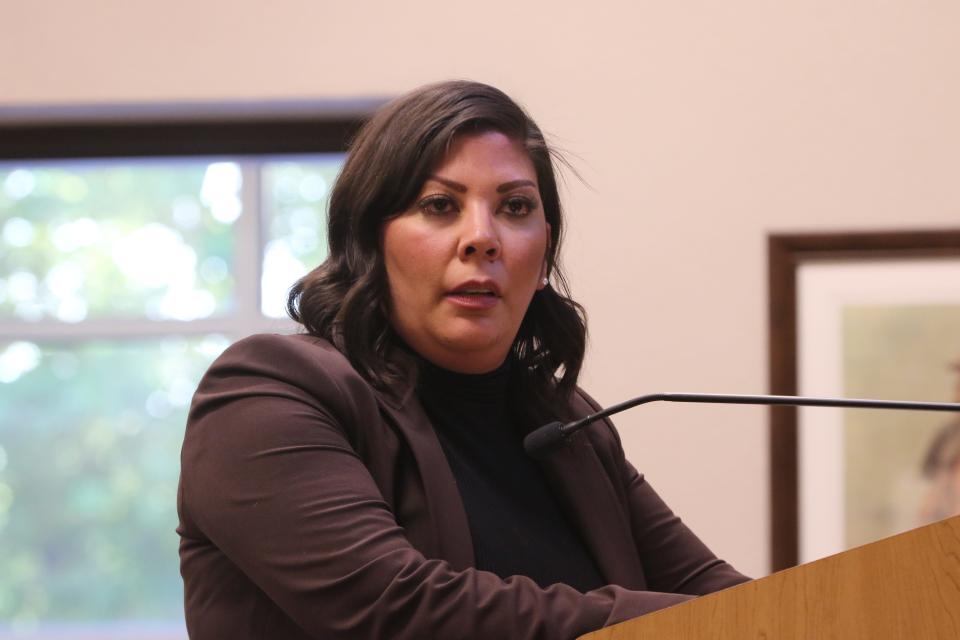 Alysia Cordova, attorney for Christopher Cordova questions a witness during a hearing on Christopher Cordova's appeal of his firing, April 10, 2024 at the Janel Whitlock Municipal Annex in Carlsbad.