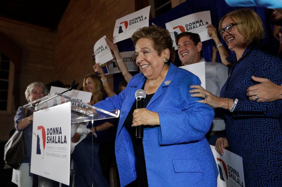 Democratic Donna Shalala celebrates her victory during an election night watch party, Tuesday, Nov. 6, 2018, in Coral Gables, Fla.