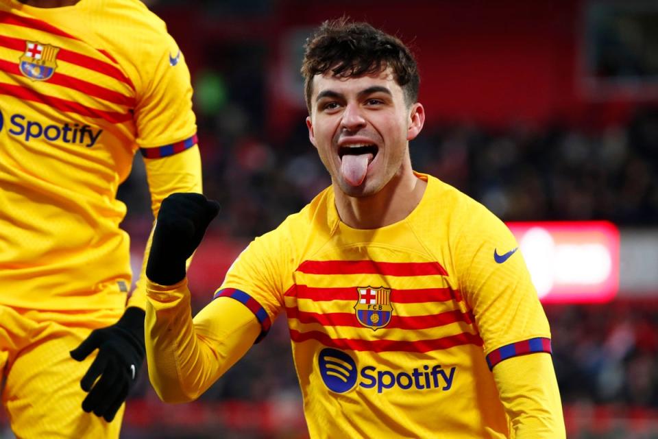 Pedri celebrates after scoring Barcelona’s winner against Girona (Joan Monfort/AP). (AP)
