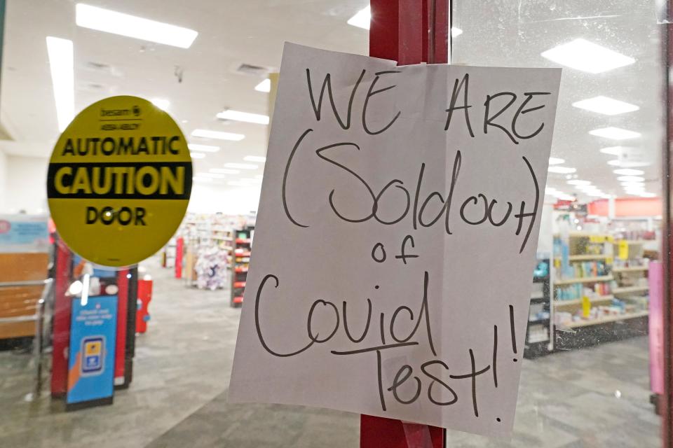 A sign was posted at the front of this CVS Pharmacy at the Capitol in Jackson, Miss. It was widely reported that the at-home coronavirus tests were in very short supply throughout the state.