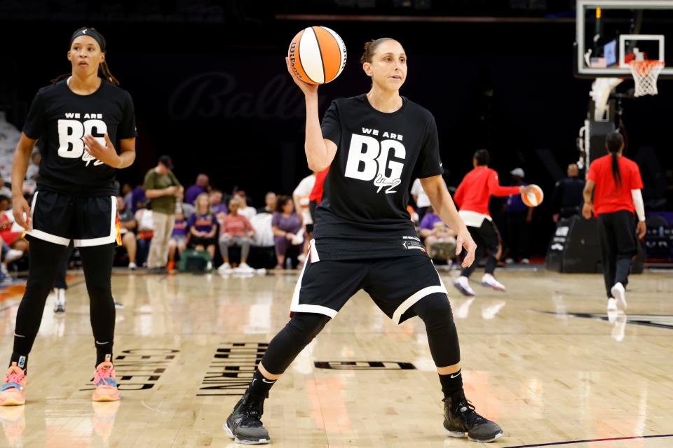 Phoenix Mercury Guard Diana Taurasi  warms up wearing a shirt to honor teammate Brittney Griner before the game against the Las Vegas Aces at Footprint Center on May 06, 2022 in Phoenix, Arizona.