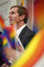 Kentucky Democratic Gov. Andy Beshear speaks at a rally held by Fairness Campaign to advance LGBTQ rights, in the Rotunda at the State Capitol, Frankfort, Ky.,on Wednesday, Feb. 19, 2020. (AP Photo/Bryan Woolston)