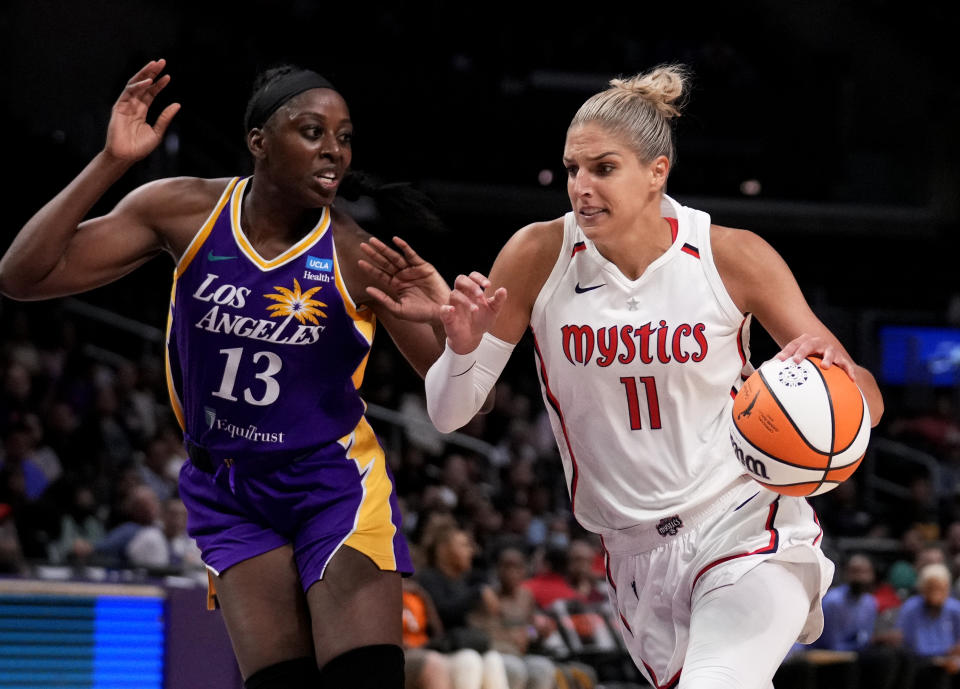 Washington Mystics forward Elena Delle Donne of the drives toward the basket against Los Angeles Sparks forward Chiney Ogwumike during a WNBA game at Crypto.com in Los Angeles on July 12, 2022. (Keith Birmingham/MediaNews Group/Pasadena Star-News via Getty Images)