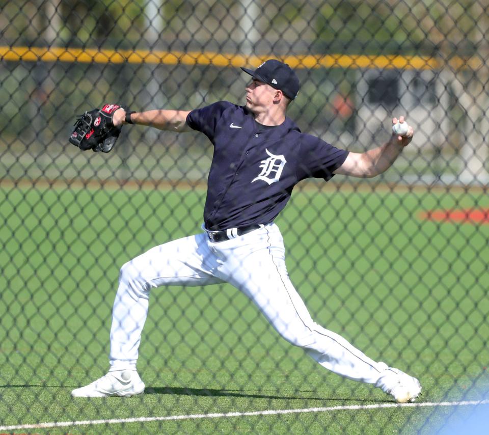 Detroit Tigers pitcher Tarik Skubal throws during practice Monday, Feb. 22, 2021, on the Tiger Town practice fields at Joker Marchant Stadium in Lakeland, Florida. Monday was the first day position players joined pitchers and catchers for spring training.