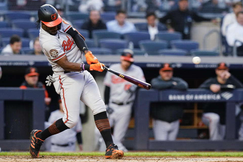 Baltimore Orioles' Jorge Mateo hits a single during the third inning of the team's baseball game against the New York Yankees on Tuesday, May 24, 2022, in New York. (AP Photo/Frank Franklin II)