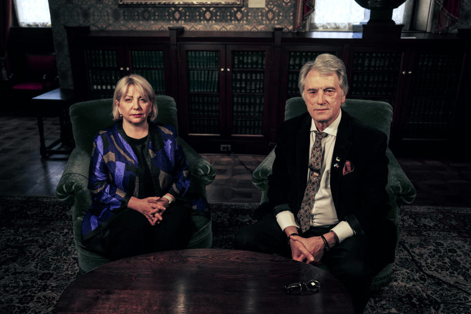Former President of Ukraine Viktor Yushchenko sits for an interview alongside his wife Kateryna at the Urban League of Philadelphia, Monday, May 13, 2024. Yushchenko said the long delay by the U.S. Congress in approving military aid for his country was “a colossal waste of time,” that sent a signal to Russian President Vladimir Putin to inflict more suffering in the two-year invasion and would only prolong the war. (AP Photo/Joe Lamberti)
