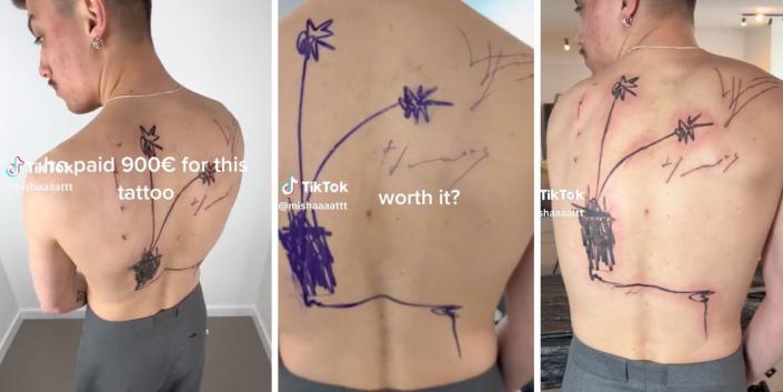 A composite of screenshots of the TikTok video where a man is seen standing with his back to the camera with a recently created scribble-like tattoo on his back.
