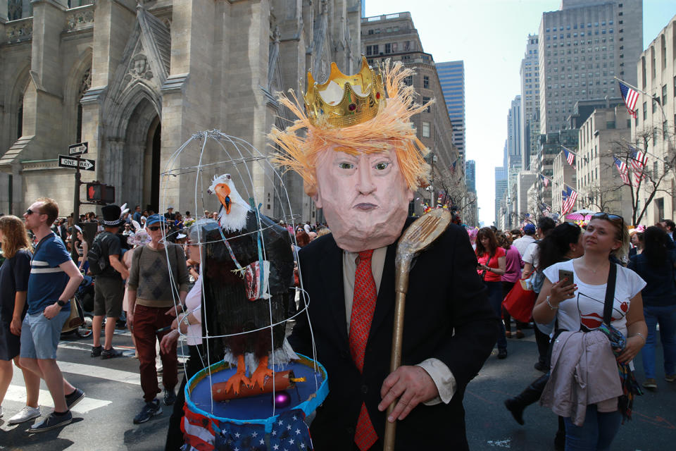 Person with Donald Trump mask at Easter Parade