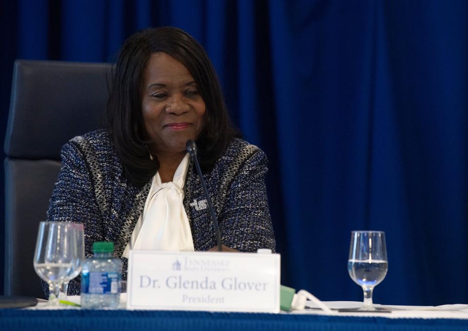 TSU President Glenda Glover looks on during the quarterly board of trustees meeting at Tennessee State University in Nashville, Tenn., Thursday, March 14, 2024.